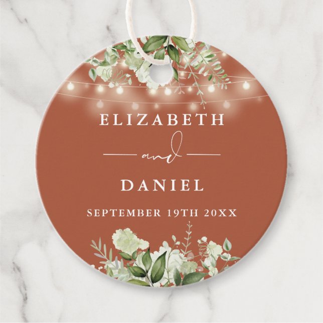 Terracotta Blommigt String Ljus Tack Bröllop Gåvor Etiketter (Framsida)