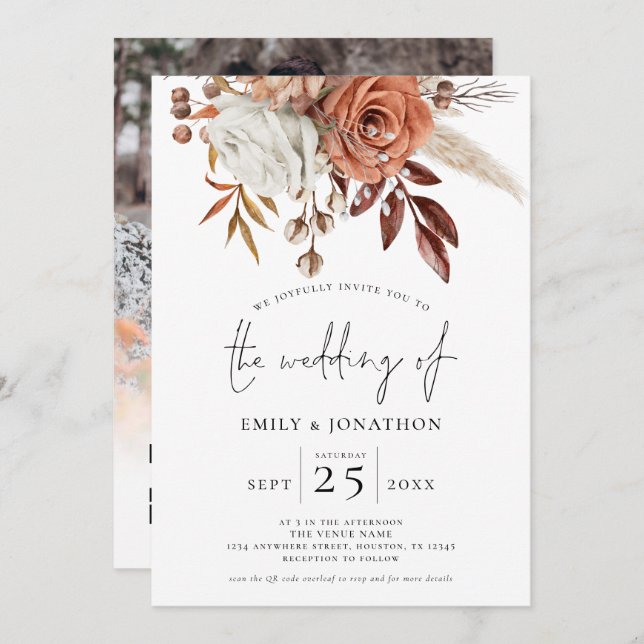 Terracotta Blommigts Photo Overlay QR Code Bröllop Inbjudningar (Fram/baksida)