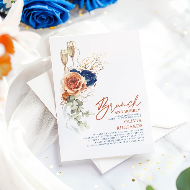 Terracotta & Blue Brunch och Bubbels bröllopsdusch Inbjudningar (Navy Blue and Terracotta Bridal Shower Invitations)