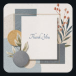 Terracotta Blue Geometric Botanical Wedding Fyrkantigt Klistermärke<br><div class="desc">Elevate your event stationery with this Terracotta & Blue Modern Geometric Botanical Sticker, a perfect blend of earthy tones and contemporary design. The artwork features bold layered shapes, including soft blue circles, warm terracotta accents, and rich textured charcoal elements, contrasted with delicate botanical sprigs in muted greens and deep blue...</div>