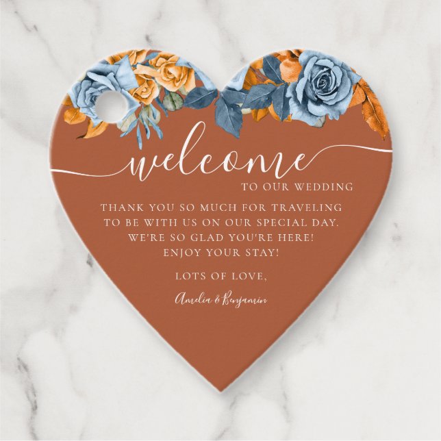 Terracotta Blue Rust Eucalyptus Välkommen Bröllop Gåvor Etiketter (Framsida)