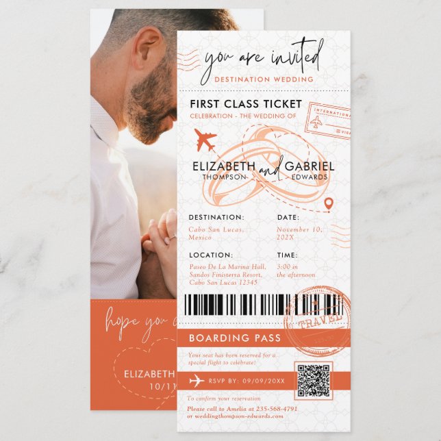 Terracotta Boarding Pass Destination Wedding Inbjudningar (Fram/baksida)