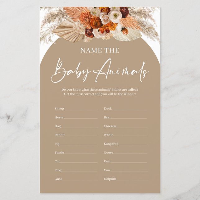 Terracotta boho arch namn i baby djur-spelet (Framsida)