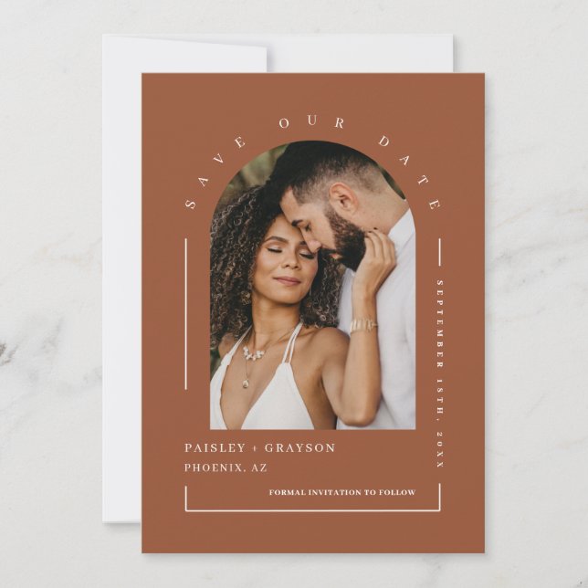 Terracotta Boho Arch Photo QR Code Spara Inbjudningar (Framsida)