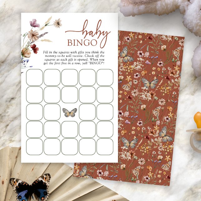 Terracotta Boho Baby Bingo Game (Terracotta Boho Floral Baby Bingo Game Card with Butterfly by Painted Paperie)