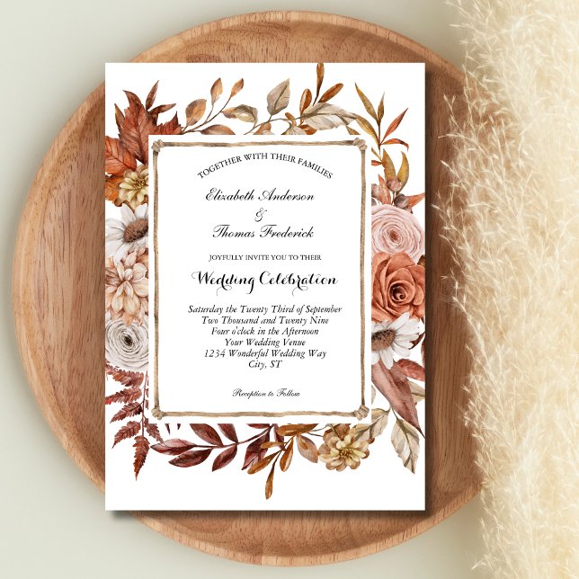Terracotta  Boho Blommigt Botanical Bröllop Inbjudningar (Terracotta Blush Cream Boho Botanical Fall Autumn Wedding Invitation)