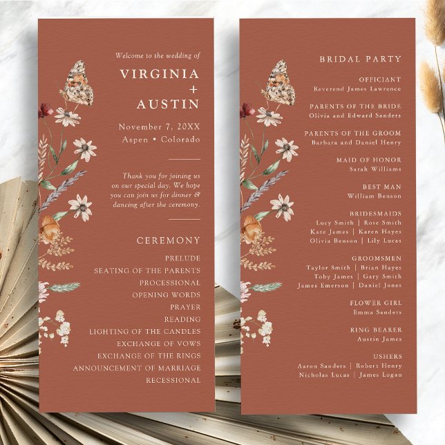Terracotta Boho Blommigt Bröllop Program (Terracotta Boho Floral Wedding Program with Butterfly by Painted Paperie
)