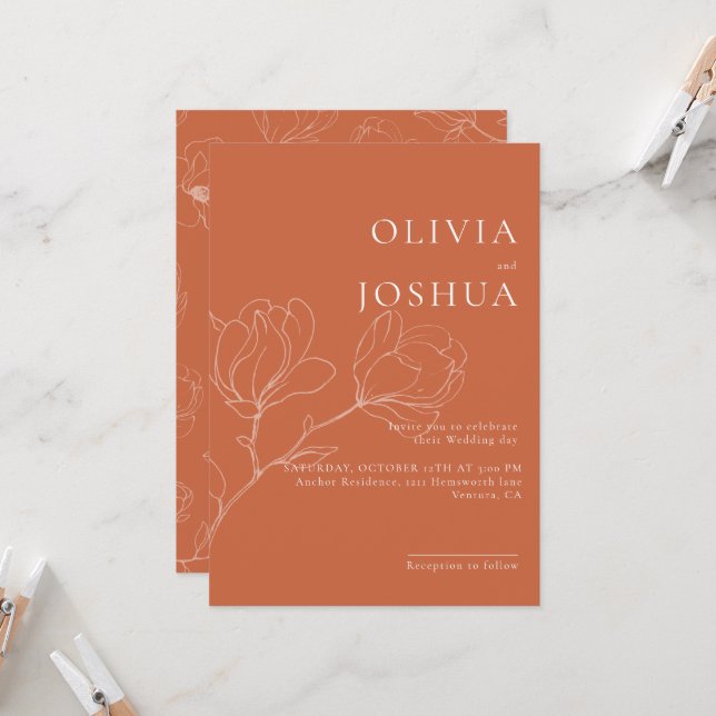 Terracotta Boho blommigt bröllopsinbjudan (Fram/Back In Situ)