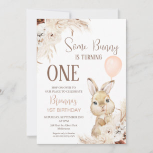 Terracotta Boho Blommigt Bunny Balloon 1:a födelse Inbjudningar