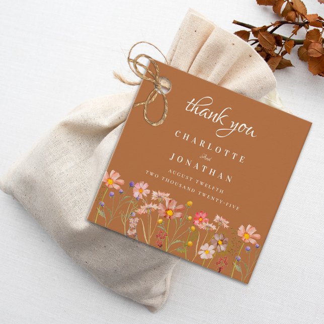 Terracotta Boho Blommigt Fall Wedding Tack Gåvor Etiketter (Terracotta burnt orange boho Wildflower fall Wedding thank you favor tags watercolor florals)