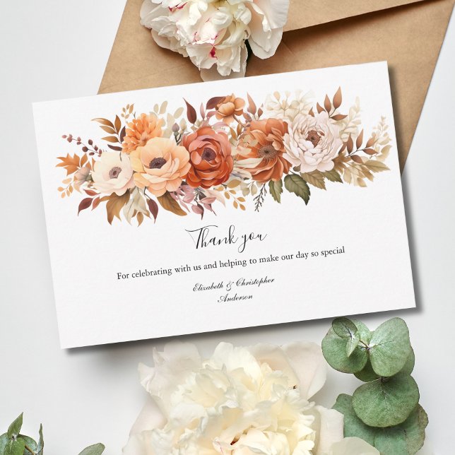 Terracotta Boho Blommigt Flowers Bröllop Tack Kort (Terracotta and Beige Boho Florals Flowers Wedding Thank you card)