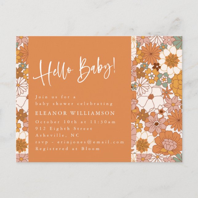 Terracotta Boho Blommigt Hej Baby Cute Shower Vykort (Framsida)