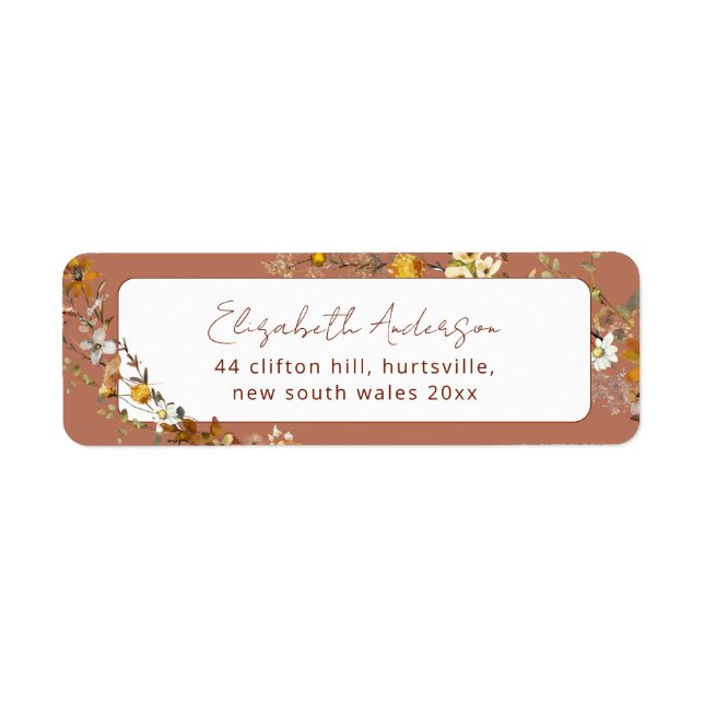 Terracotta Boho Blommigt Möhippa Returadress Etikett (Framsidan)