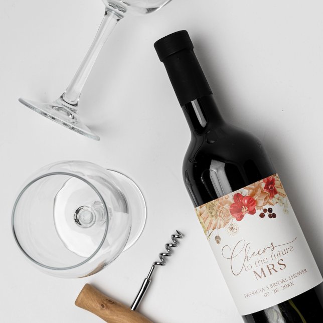 Terracotta Boho Blommigt Möhippa Vin-etikett Vinflaska Etikett (Skapare uppladdad)