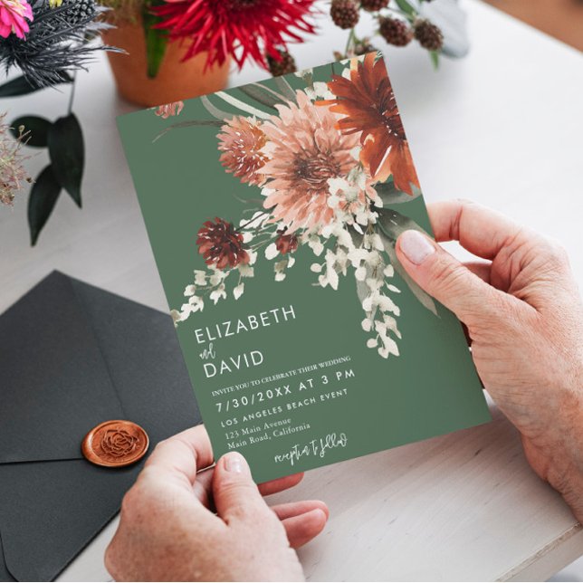 Terracotta Boho Blommigt Oliv grönt Bröllop Inbjudningar (Skapare uppladdad)
