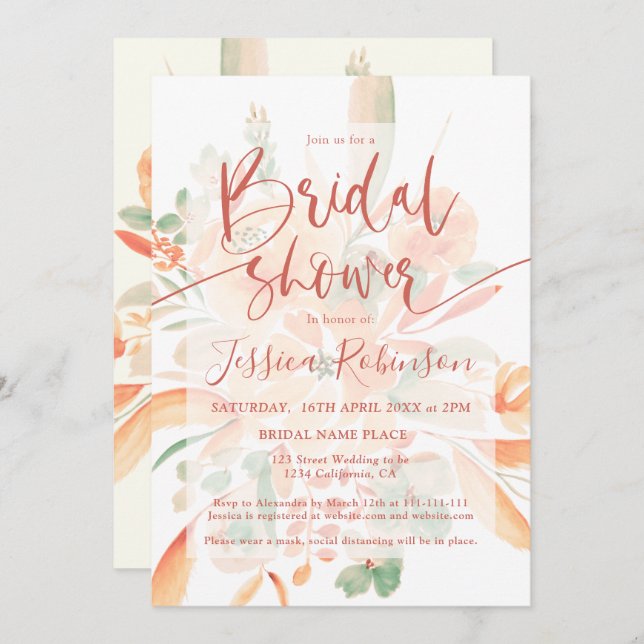 Terracotta boho blommigt vattencolor möhippa in inbjudningar (Fram/baksida)