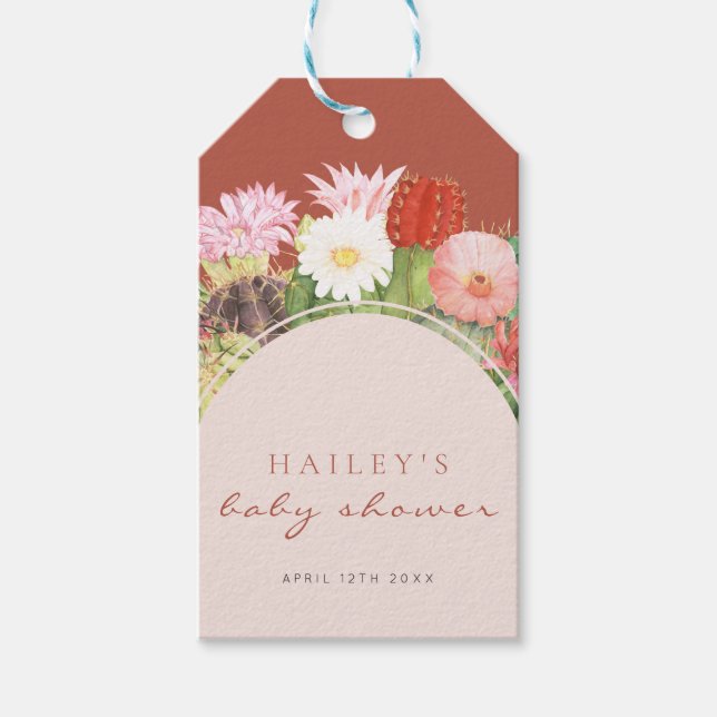 Terracotta Boho Bloom Cactus Baby Shower Presentetikett (Framsidan)