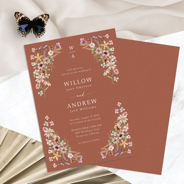 Terracotta Boho Bröllop Inbjudningar (Terracotta Floral Boho Wedding Invitation Monogram by Painted Paperie 
)
