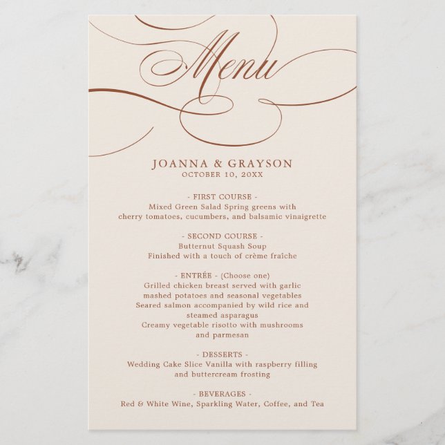 Terracotta boho bröllop Menu (Framsida)