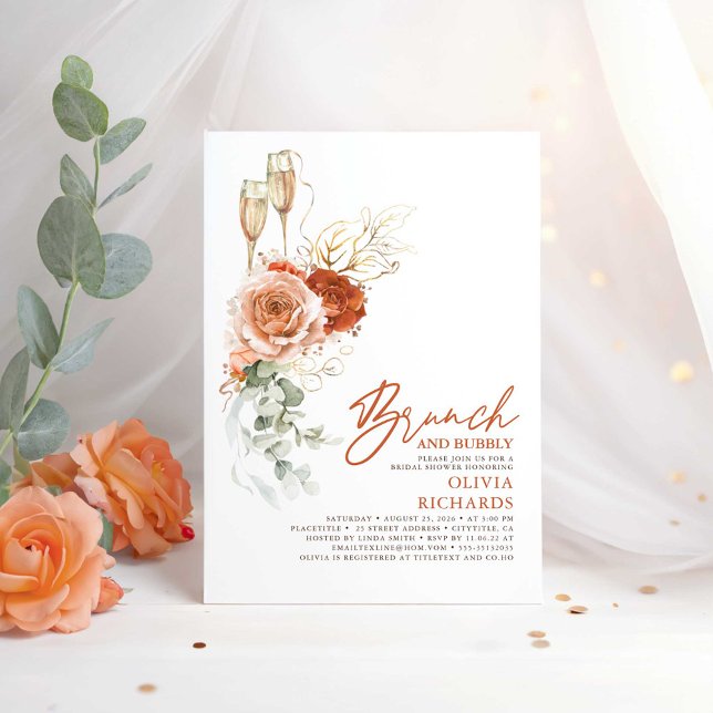 Terracotta Boho Brunch och Bubly Möhippa Inbjudningar (Brunch and Bubbly - Terracotta Floral Boho Bridal Shower Invitations)