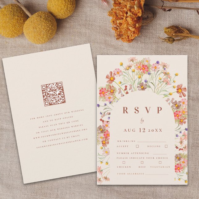 Terracotta Boho Fall Blommigt Meal-alternativ OSA Kort (Boho fall rustic wildflower elegant floral arch terracotta beige wedding rsvp card with meal options)