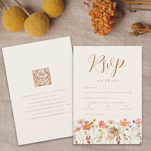 Terracotta Boho Fall Blommigt Meal-alternativ OSA Kort (Boho fall wildflower wedding RSVP card terracotta burnt orange beige brown autumn watercolor florals)