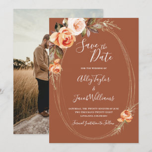 Terracotta Boho Fall Blommigt Photo Bröllop Spara Datumet