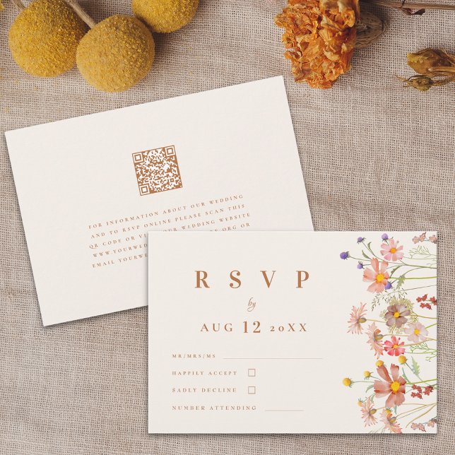 Terracotta Boho Fall Wildblomma Blommigt Bröllop OSA Kort (Boho fall Wildflower Wedding rsvp card with website qr code autumn watercolor florals terracotta)