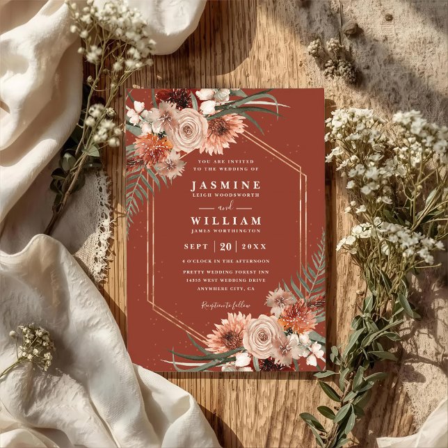 Terracotta Boho Floral Elegant QR Code Wedding Inbjudningar (Skapare uppladdad)