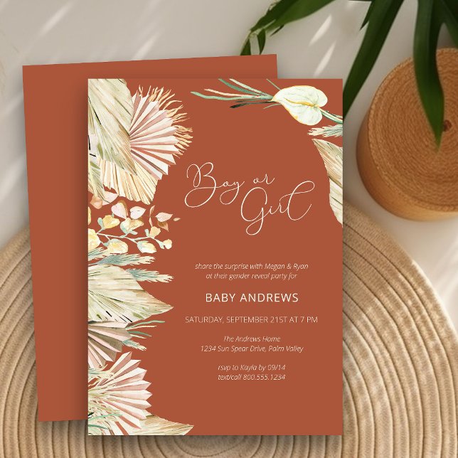 Terracotta Boho Handflatan Torkade olivskörden i G Inbjudningar (Gender Reveal Invitation Card in terracotta with boho palm leaves)