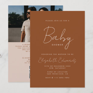 Terracotta Boho Minimal Photo QR-kod Baby Shower Inbjudningar