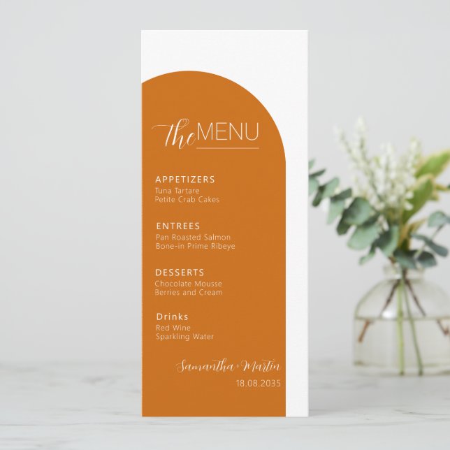 Terracotta Boho Minimal Script Bröllop Menu Meny (Stående Fram)
