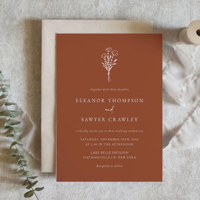 Terracotta Boho Minimalist Botanicals Bröllop Inbjudningar (Terracotta Boho Minimalist Botanicals Wedding Invitation)