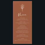 Terracotta Boho Minimalist Botanicals Bröllop Meny<br><div class="desc">Lägg till de här botaniska minimalistmenykorten för anpassadet till händelsens tabellutrymning. Den har en modern blommigt bouquet-linje med vismisk kalligrafi. Anpassa det här snabbmenykortet genom att lägga till namn,  data och måltider. Det här terracotta-menykortet är perfekt för bröllop,  babyduschar,  möhippor,  födelsedagar och så mycket mer.</div>