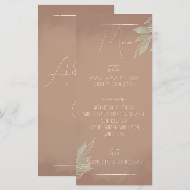 Terracotta Boho Minimalist Wedding Menu Meny (Fram/baksida)
