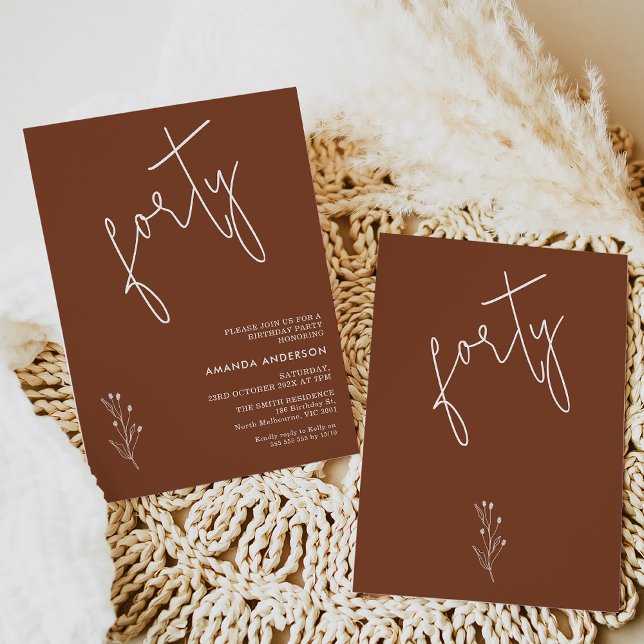 Terracotta Boho Motif 40:e födelsedagen Inbjudningar (Modern minimalist terracotta 40th birthday invitation with calligraphy heading and floral motif.)
