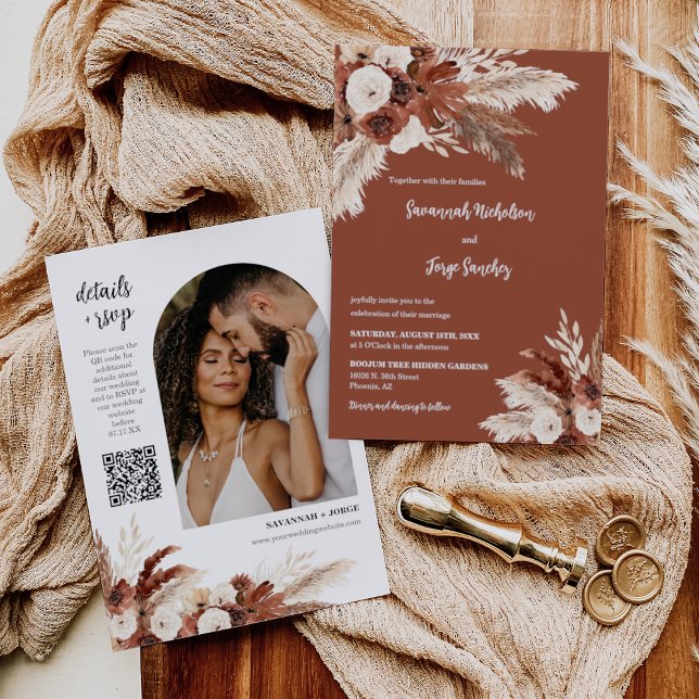 Terracotta Boho Pampas Grass Arch-fotokod QR Inbjudningar (Skapare uppladdad)