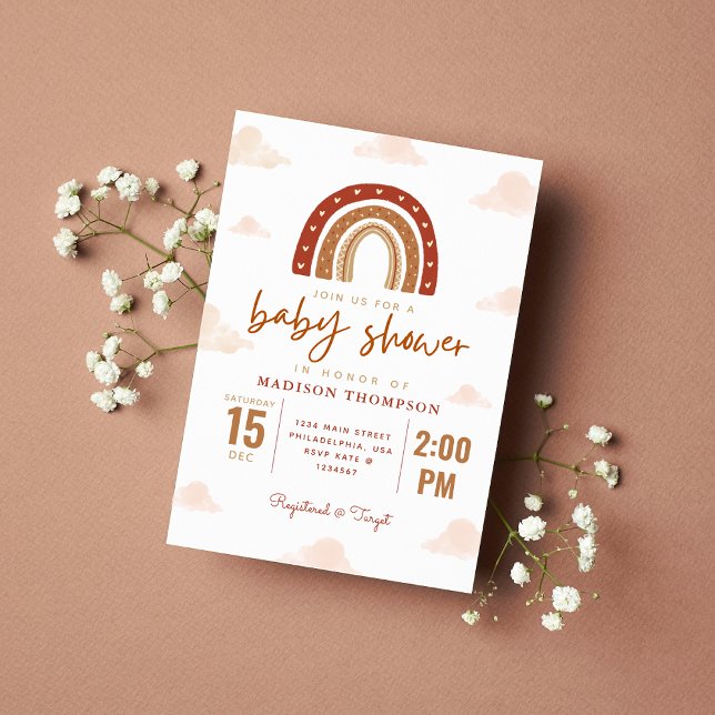 Terracotta Boho Rainbow Clouds Baby Shower Inbjudningar (Skapare uppladdad)