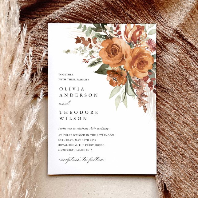 Terracotta Boho Rose Floral Watercolor Wedding Inbjudningar (Terracotta rose floral wedding invitation with pampas accents, bohemian watercolor, modern classic)
