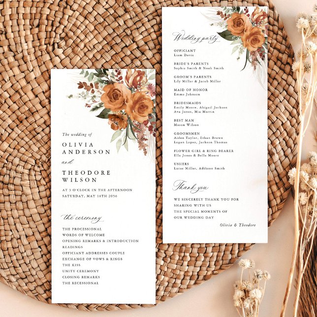 Terracotta Boho Rose Floral Wedding Ceremony Program (Terracotta rose floral wedding program card with ceremony timeline, boho garden wedding stationery)