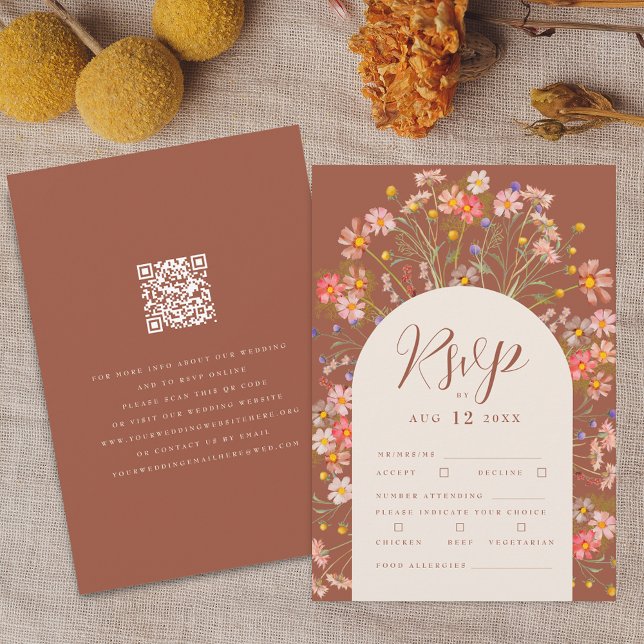 Terracotta Boho Rustic Wildblomma Blommigt Bröllop OSA Kort (Terracotta and beige boho fall rustic wildflower wedding qr code rsvp card Watercolor florals)