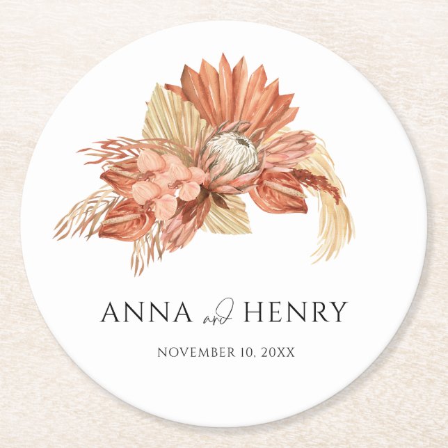 Terracotta Boho torkade Blommigten Pampas Grass Br Underlägg Papper Rund (Framsidan)