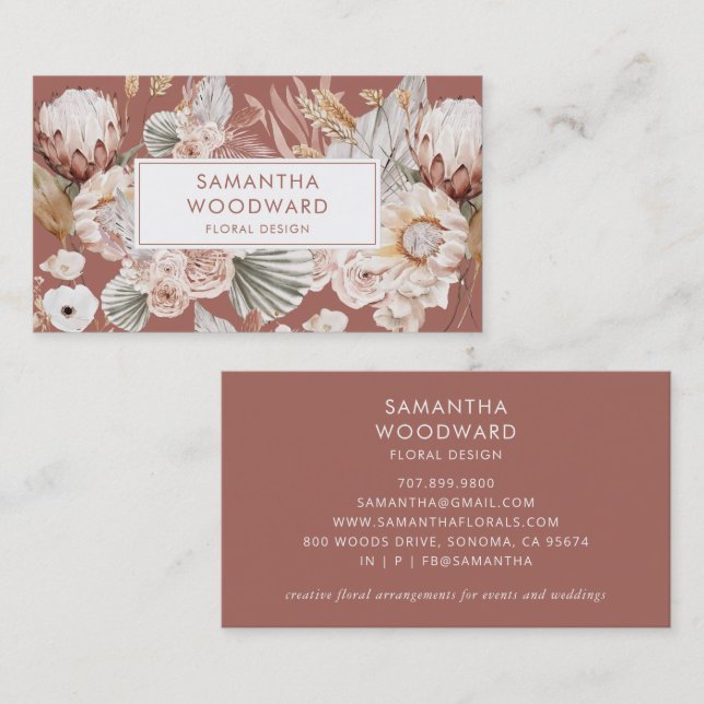 Terracotta Boho Watercolor Blommigt Designer Visitkort (Fram/baksida)