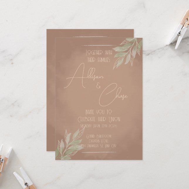 Terracotta Boho Wedding Invitation with Minimalist Inbjudningar (Fram/Back In Situ)