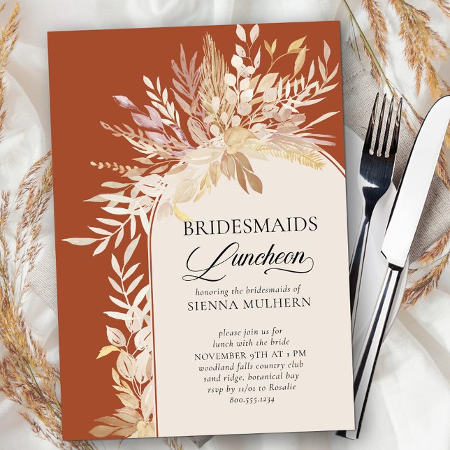 Terracotta Botanical Arch Bridesmaids Luncheon Inbjudningar (Bridesmaids Luncheon invite in terracotta with modern wedding arch framed with neutral fall leaves)