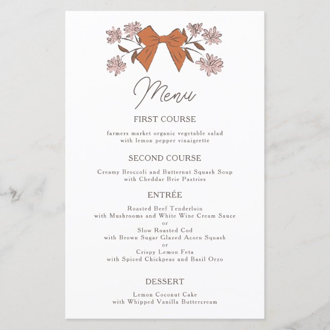 Terracotta Bows Flower Bröllop Dinner Menu (Framsida)