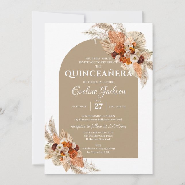 Terracotta brände orange pampas-gräs Quinceañera Inbjudningar (Framsida)