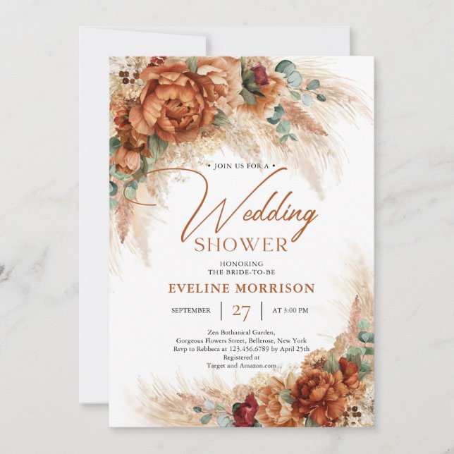 Terracotta brände orange pampas handflatan möhippa inbjudningar (Framsida)