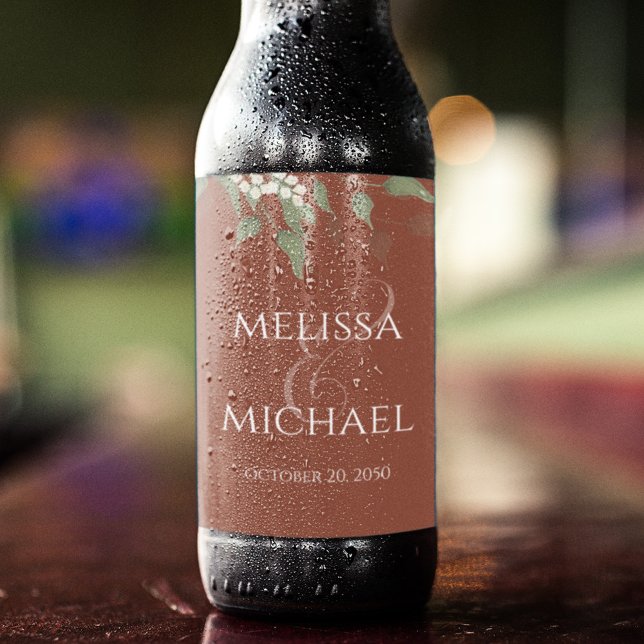 Terracotta Bröllop Beer Label Anpassningsbar Ölflaska Etikett (Terracotta elegant greenery calligraphy ampersand beer bottle label.)