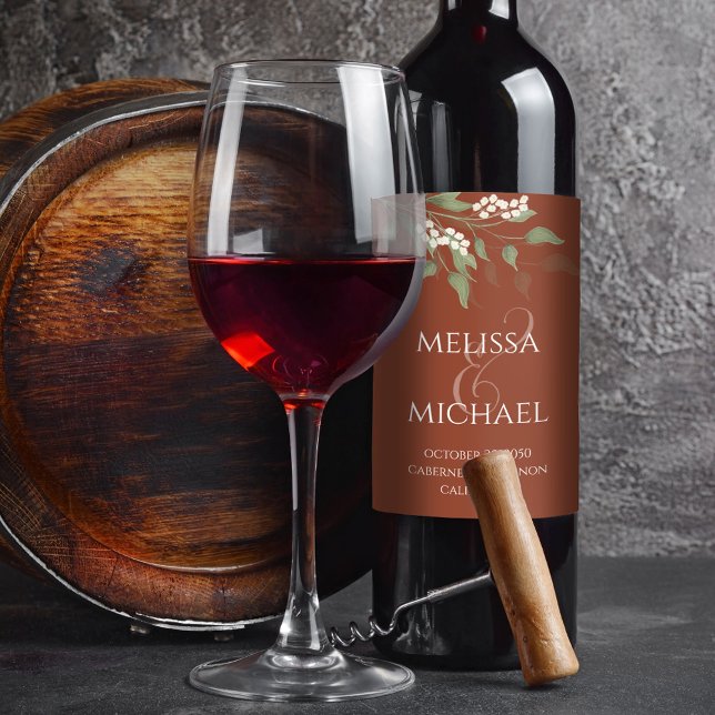 Terracotta Bröllop Greenery Personlig Vinflaska Etikett (Terracotta elegant greenery calligraphy ampersand wine bottle label.)